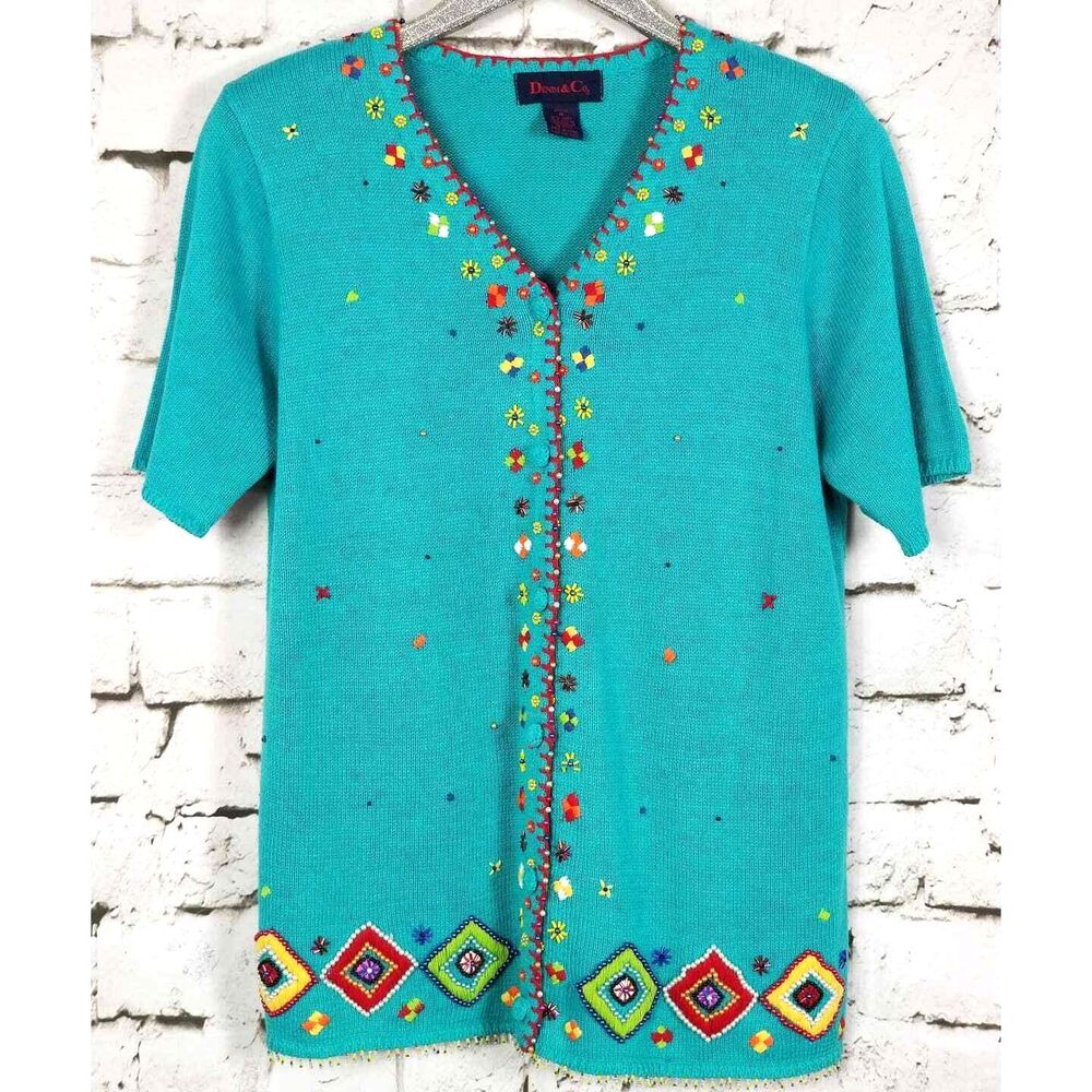 VINTAGE Embroidered Beaded Knit Sweater Southwest Cardigan Coastal Boho Medium